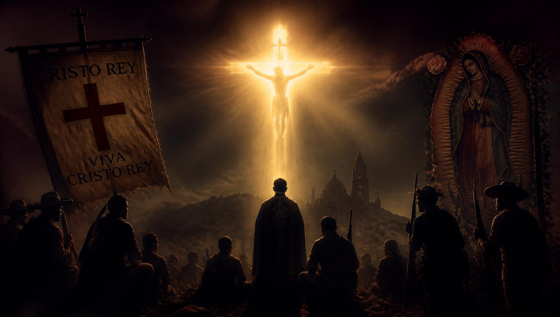Cristeros gathered beneath a luminous Christ the King, with the Cristero banner and Our Lady of Guadalupe